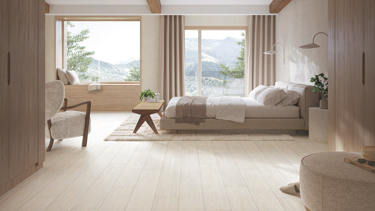 Raumszene, Bett. Bodenbelag, Modular one
